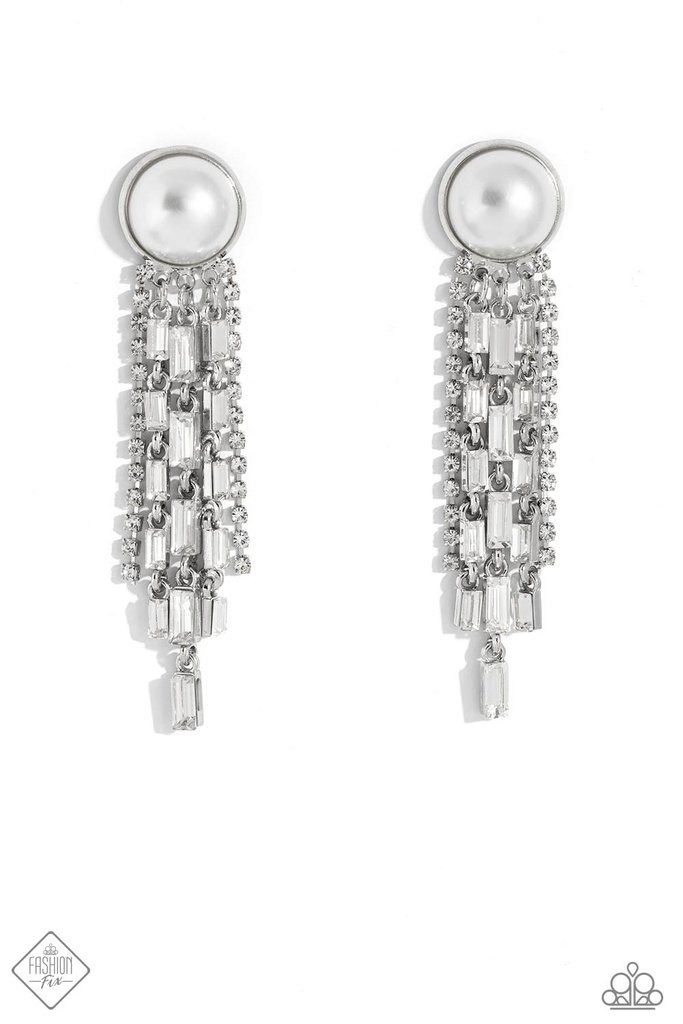 White Pearl Long Post Earrings with Crystals Elegant Design - Genuinely Gatsby