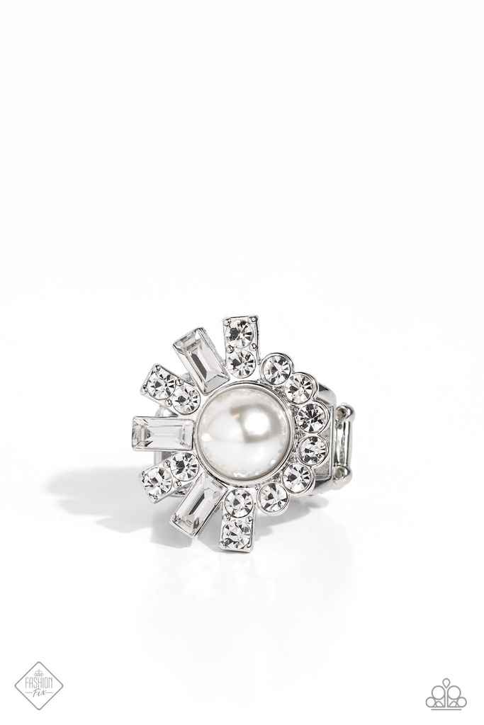 Pearl Stretch Ring with Crystals in Silver Adjustable Ring Band - Gatsby Getaway
