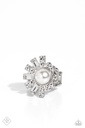 Pearl Stretch Ring with Crystals in Silver Adjustable Ring Band - Gatsby Getaway