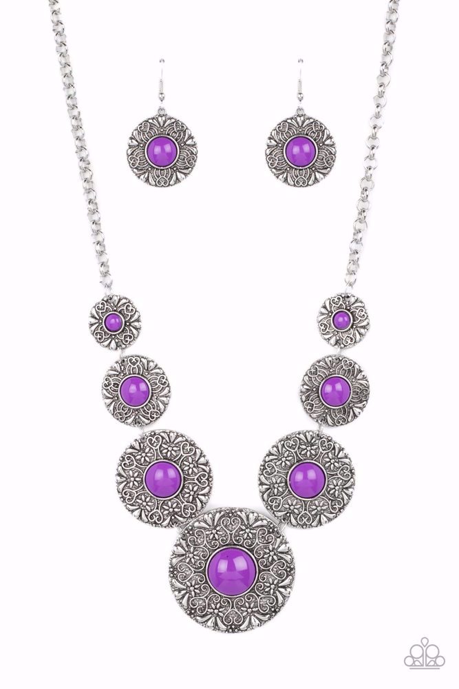 Flower Necklace Purple Beads in Silver - Garden Glade