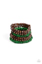 Wood Beaded Bracelet Green and Brown Stretchy - Fiji Fiesta