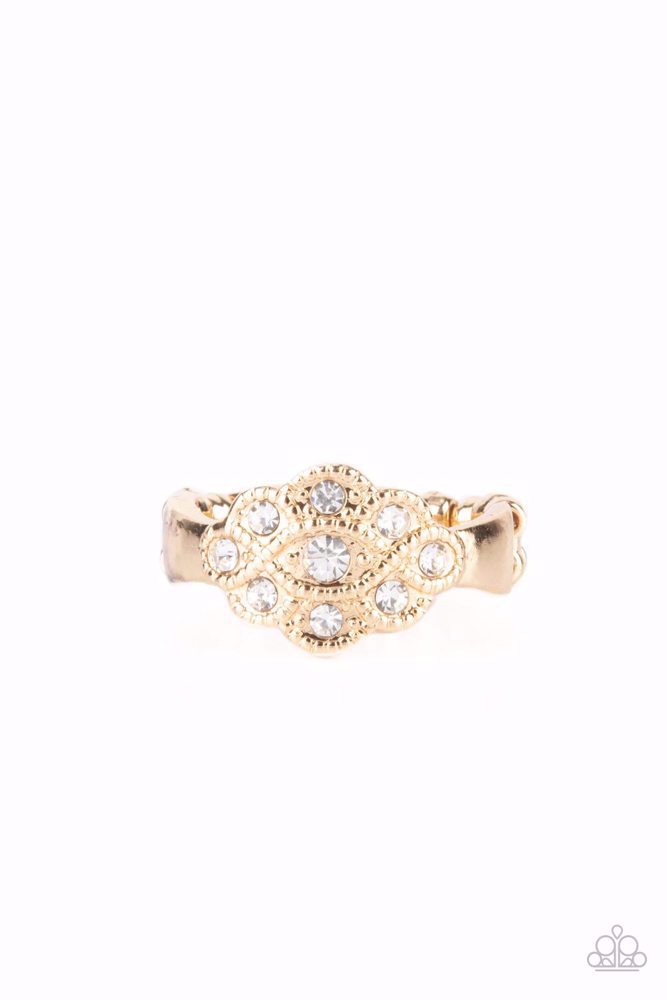 Delicate Gold Stretch Ring with White Crystals with Adjustable Ring Band - Floral Frou-Frou