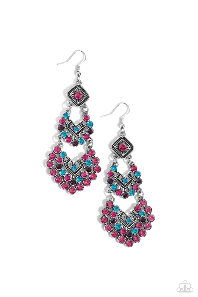 Long Crystal Earrings Multi Colored Chandelier Dangle in Silver Frame - All For The GLAM