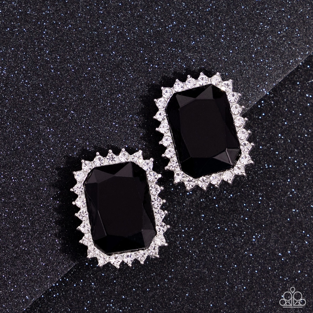 Clip On Earrings in Black Emerald Cut Gem and White Crystals Non-Pierced Earrings - Insta Famous