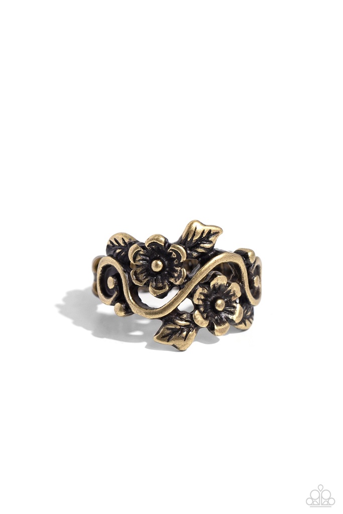 Inspirational Floral Stretch Ring in Brass with Adjustable Ring Band - Backyard Beauty
