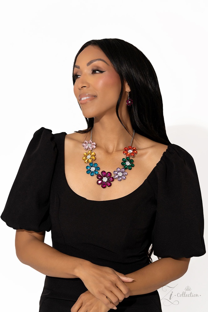 Crystal Flower Statement Necklace with Crystals Multi Color Inspirational Zi Necklace - Outgoing
