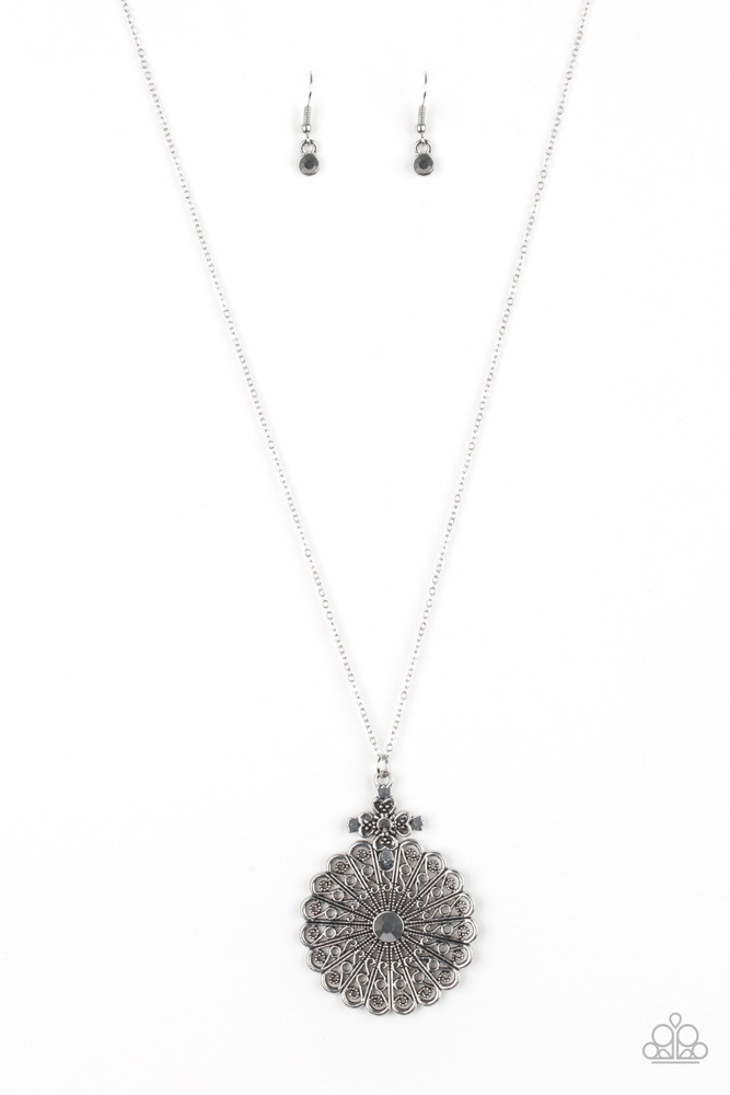 Long Necklace Flower Pendant with Hematite Crystals in Dainty Silver Chain - Walk On The WILDFLOWER Side