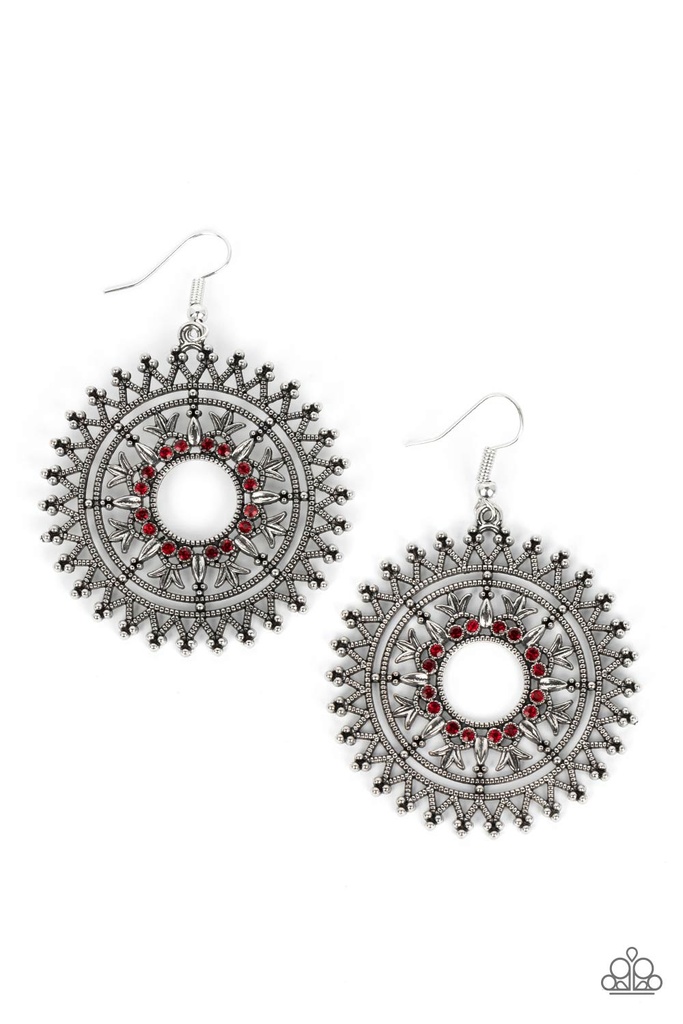 Mandala Earrings with Red Crystals in Silver Dangle - Revel in Radiance