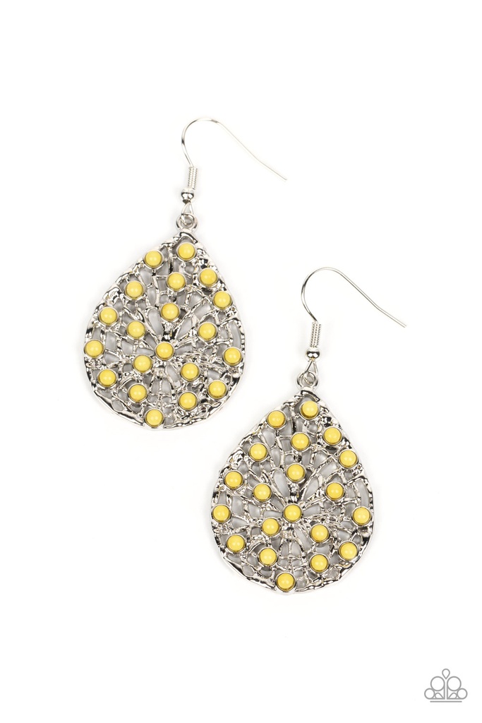 Yellow Beads on Teardrop Earrings Dangle in Silver - Botanical Berries