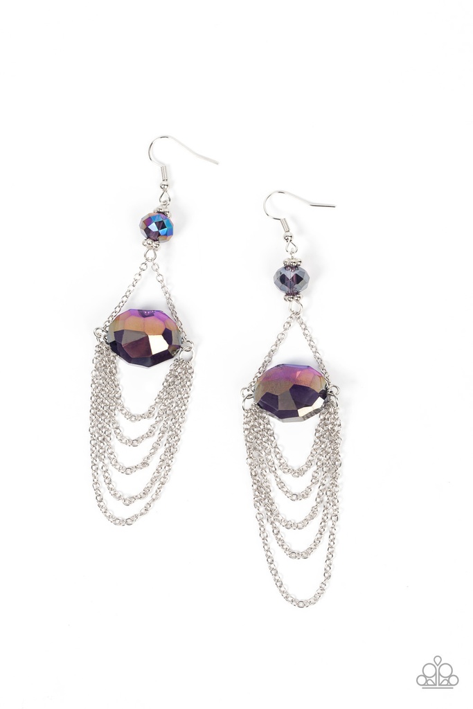 Chandelier Dangle Earrings with Iridescent Purple Gem and Silver Chains - Ethereally Extravagant