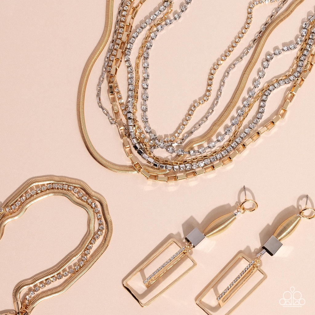 Layered Herringbone Jewelry Set in Gold and White Crystals - Fashion Fix - Square Treasure