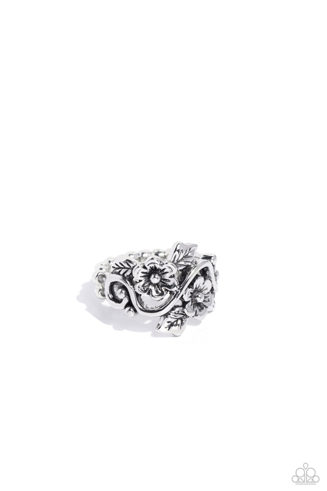 Inspirational Floral Stretch Ring in Silver with Adjustable Ring Band - Backyard Beauty
