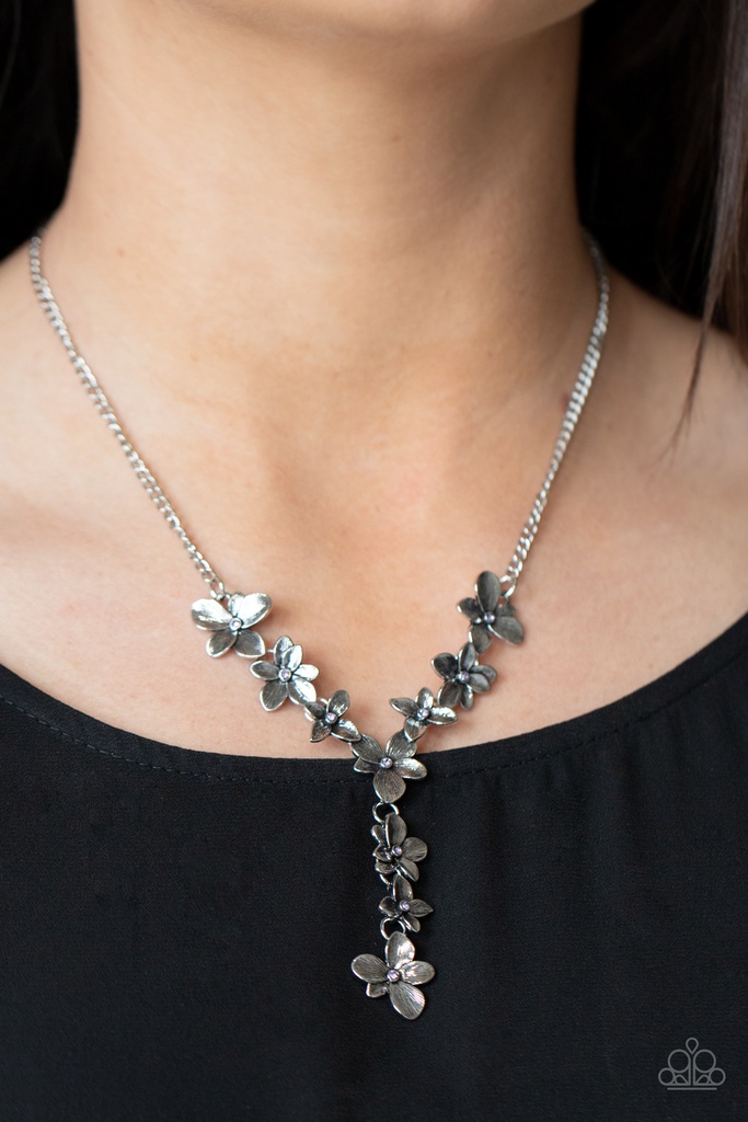 Silver Y Necklace with Purple Crystal and Silver Flowers - Fairytale Meadow