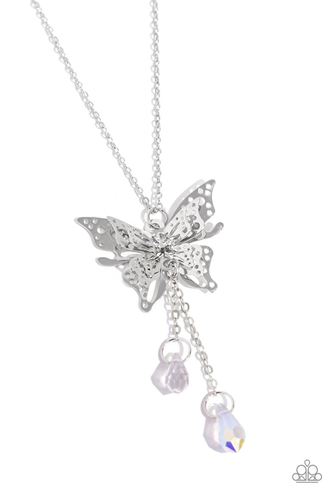 Butterfly Necklace 3D with Iridescent Beads on Dainty Silver Chain - Enchanted Wings