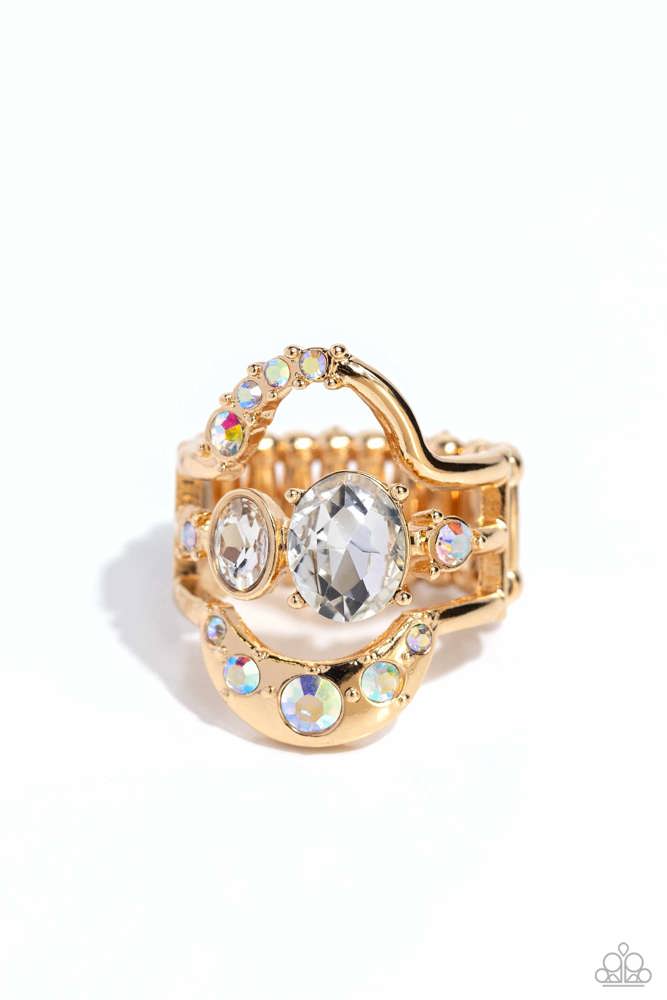 Stretch Ring with Iridescent and White Crystals on Gold Adjustable Ring Band Stretchy Jewelry - Shopaholic Statement