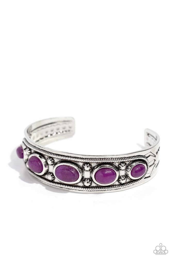 Natural Stone Wester Bracelet Cuff Purple Stone and Textured Silver with Floral Design - Stony Surprise