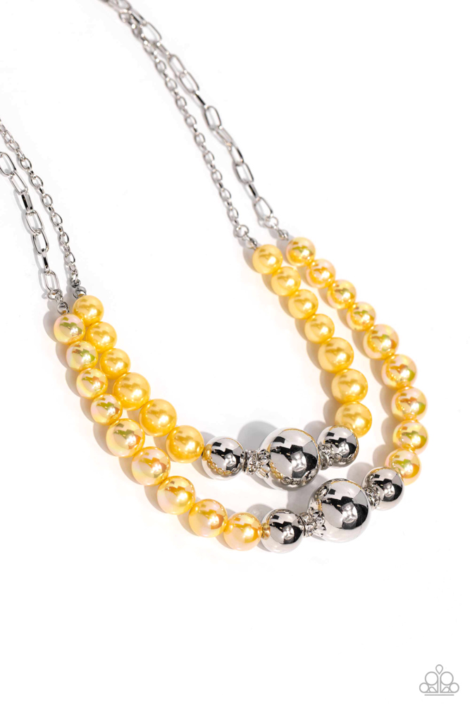 Layered Necklace with Yellow Pearls Lemon Color and Silver Beads and Silver Clasp - Ballroom Balance