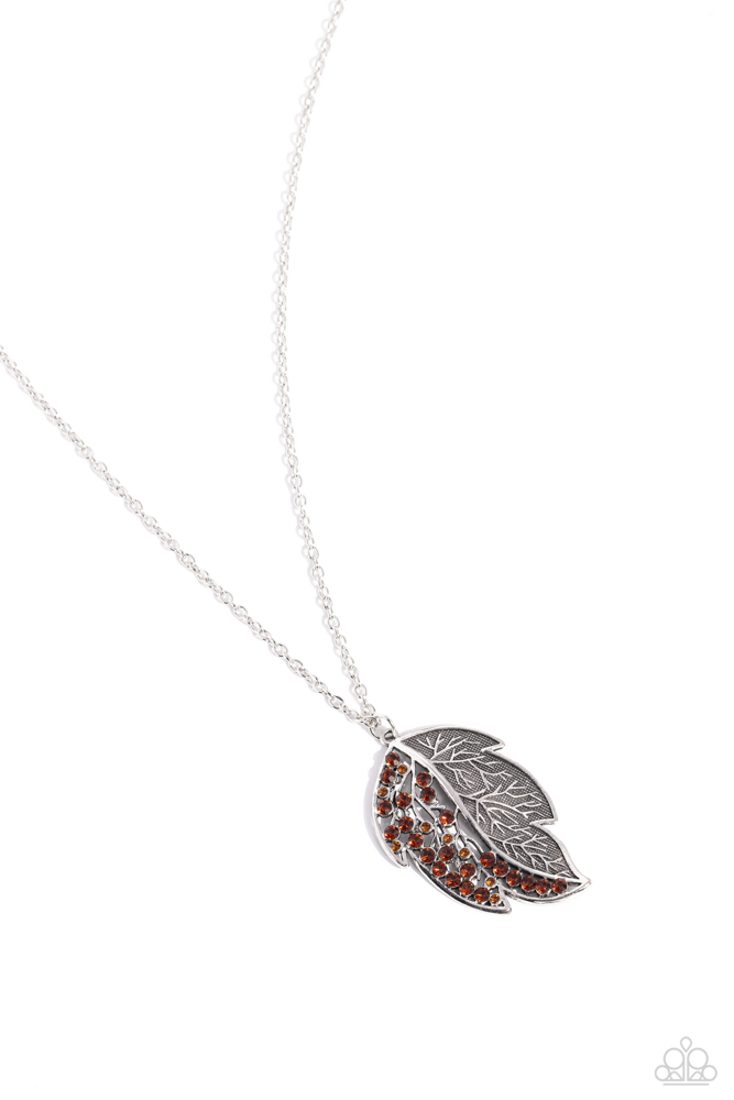 Long Pendant Necklace with Silver Leaf and Topaz Crystals in Dainty Silver Chain - A Mid-AUTUMN Nights Dream