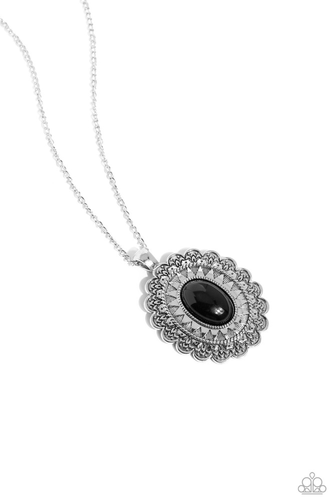 Long Pendant Necklace with Oval Black Bead and Silver Sunburst Frame and Dainty Chain - ​Mesa Medallion