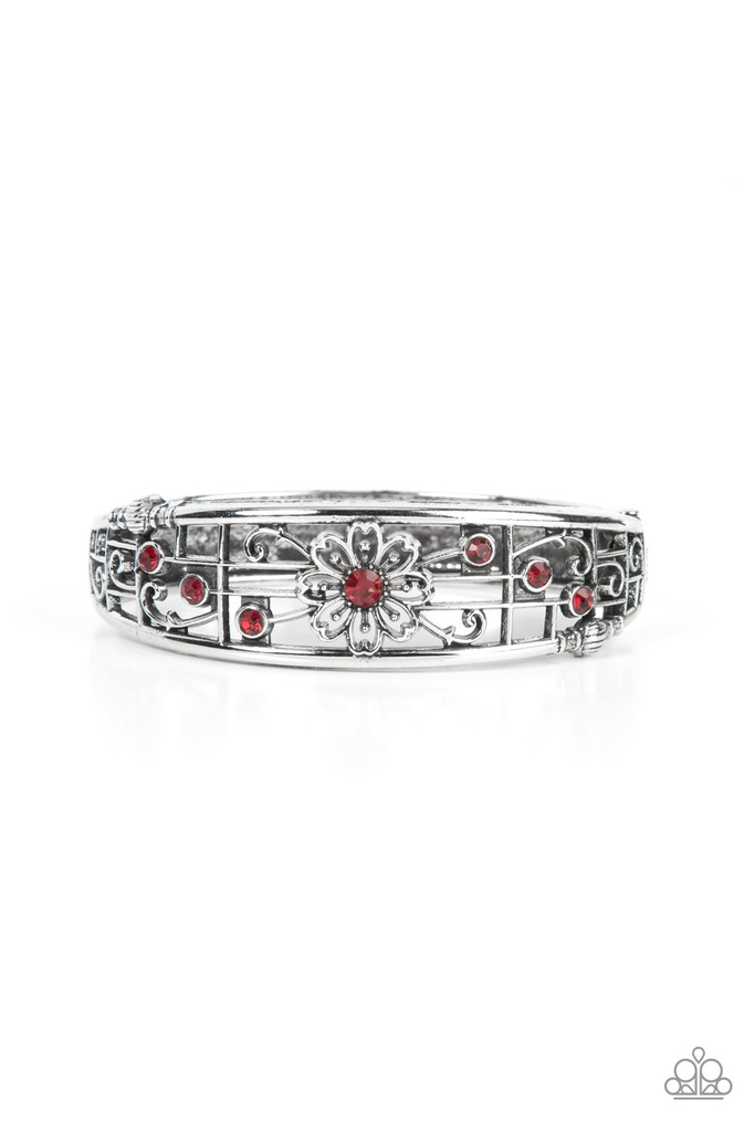 Hinged Bracelet with Crystals in Red and Silver Floral Design - Prairie Musical
