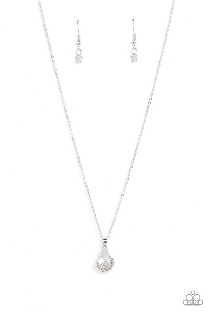 Flower Patch Fabulous - White Clear Crystal Silver Floral Cage Pendant Necklace