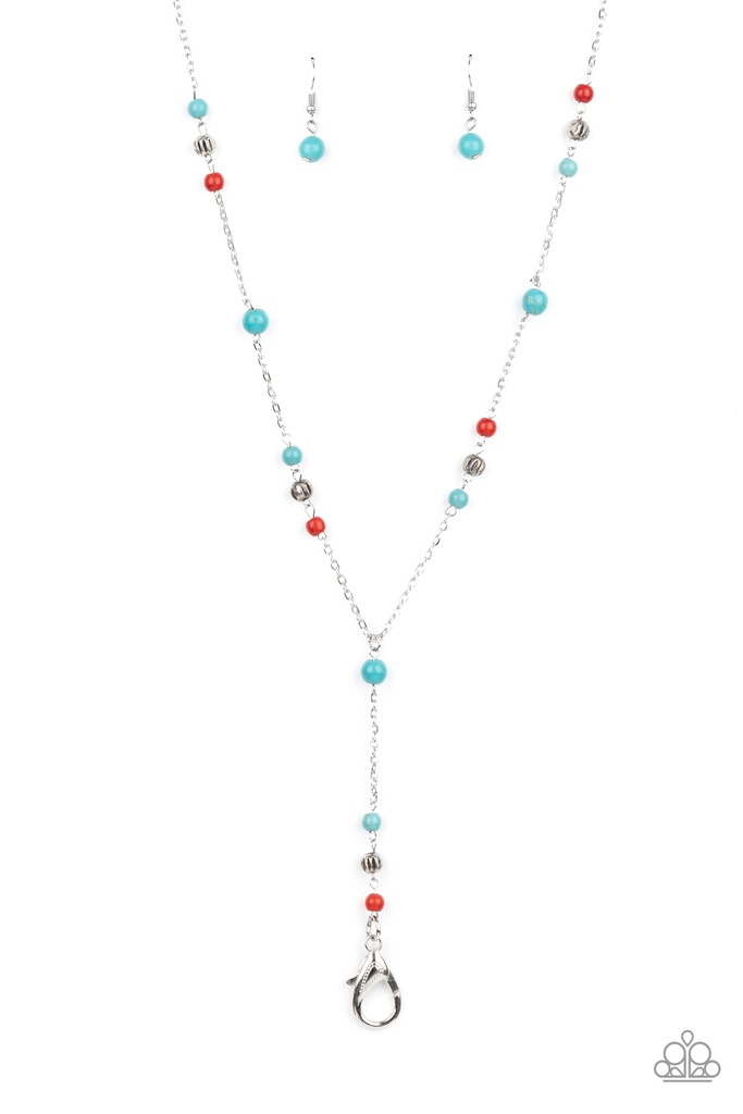 Beaded Necklace Lariat with Red and Turquoise Stones in Silver - Sandstone Savannah's