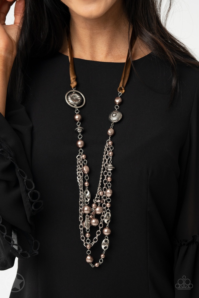 All The Trimmings - Brown Ribbon and Pearly Beads Necklace
