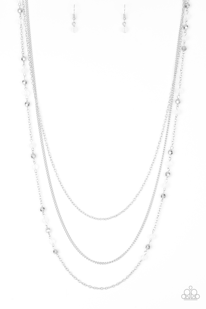 Long Necklace Layered with White and Silver Beads - Colorful Cadence