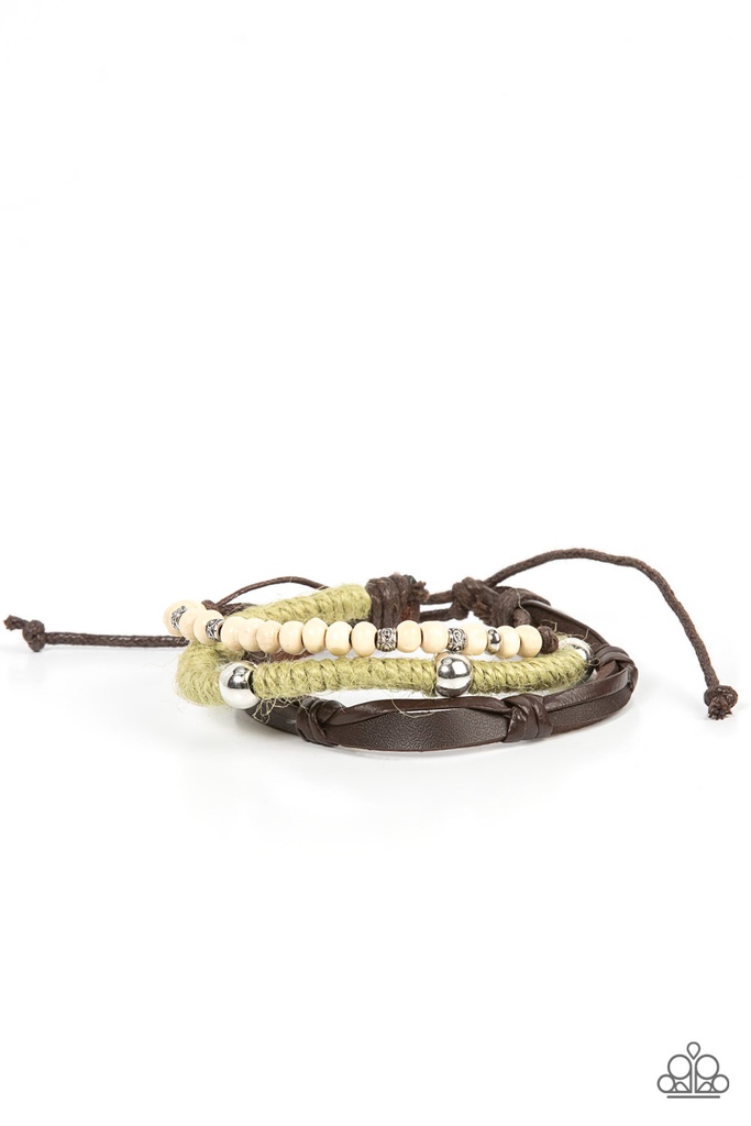 Leather Bracelet Urben with Green Beads and Twine - Timber Trail