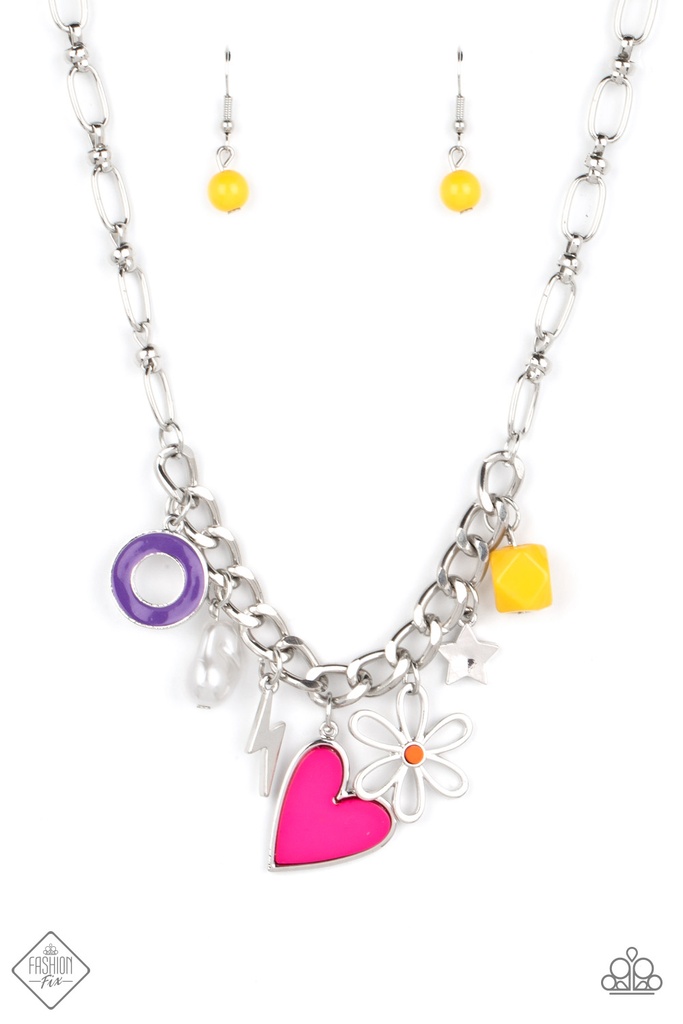 Heart Necklace Charm in Hot Pink, Yellow, Purple in Silver Thick Chain - Living in CHARM-ony