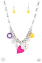 Heart Necklace Charm in Hot Pink, Yellow, Purple in Silver Thick Chain - Living in CHARM-ony