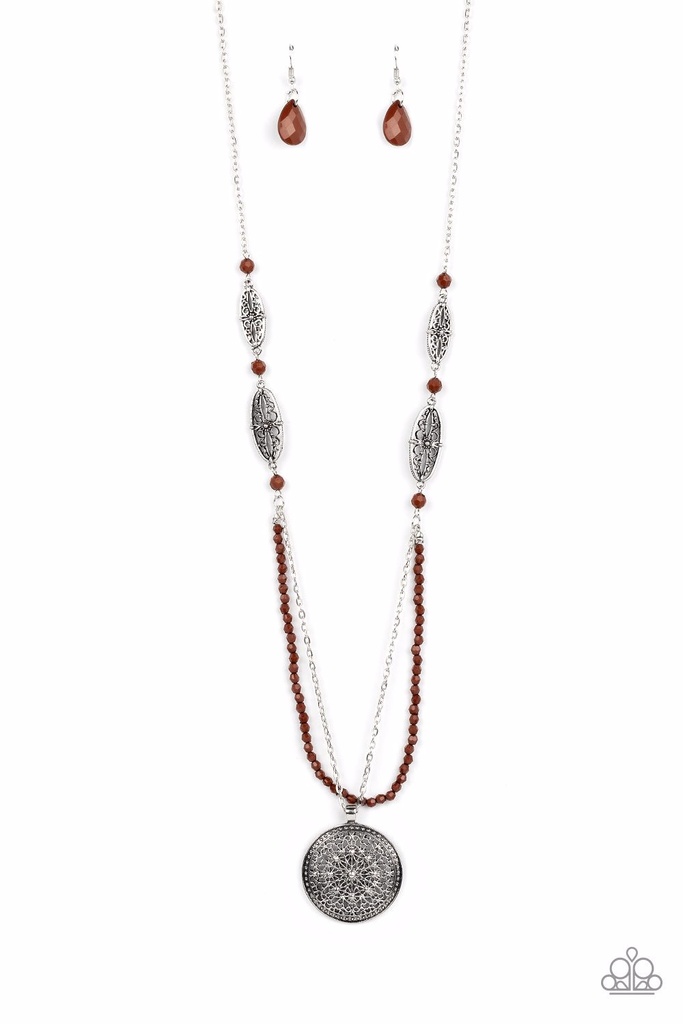 Long Necklace, Layered with Brown Beads and Silver Medallion - Garden of Grace