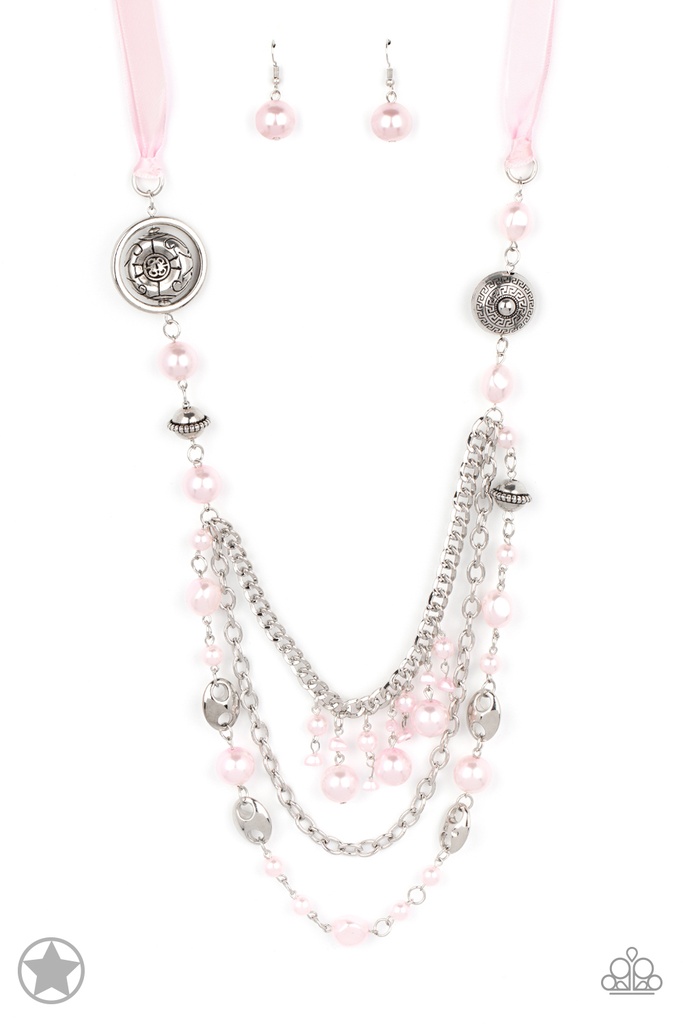 Long Necklace, Beaded with Pink Pearl Beads and Pink Ribbon - All The Trimmings