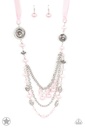 Long Necklace, Beaded with Pink Pearl Beads and Pink Ribbon - All The Trimmings