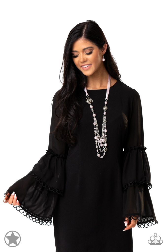 Long Necklace, Beaded with Pink Pearl Beads and Pink Ribbon - All The Trimmings