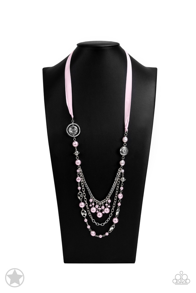 Long Necklace, Beaded with Pink Pearl Beads and Pink Ribbon - All The Trimmings