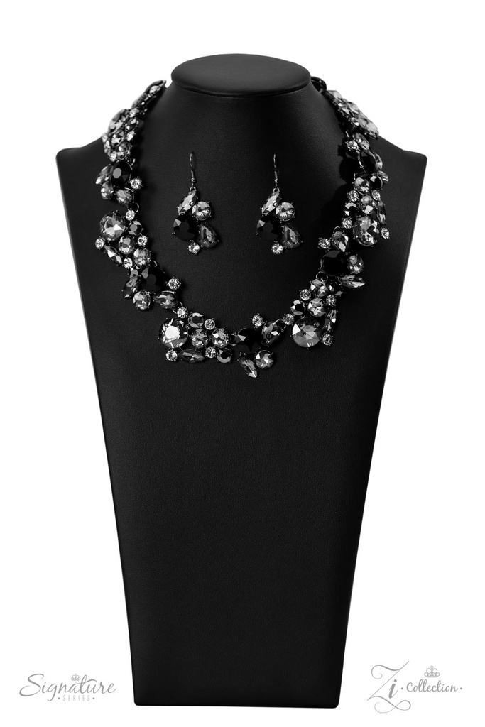 Statement Necklace Black, Smoky Gray and Clear Crystals in Gunmetal - The Kim