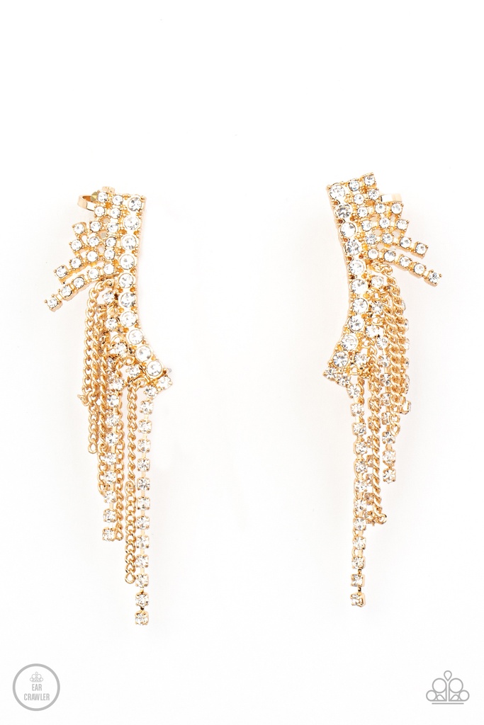 Ear Climber Earrings Gold Fringe and White Crystals - Thunderstruck Sparkle