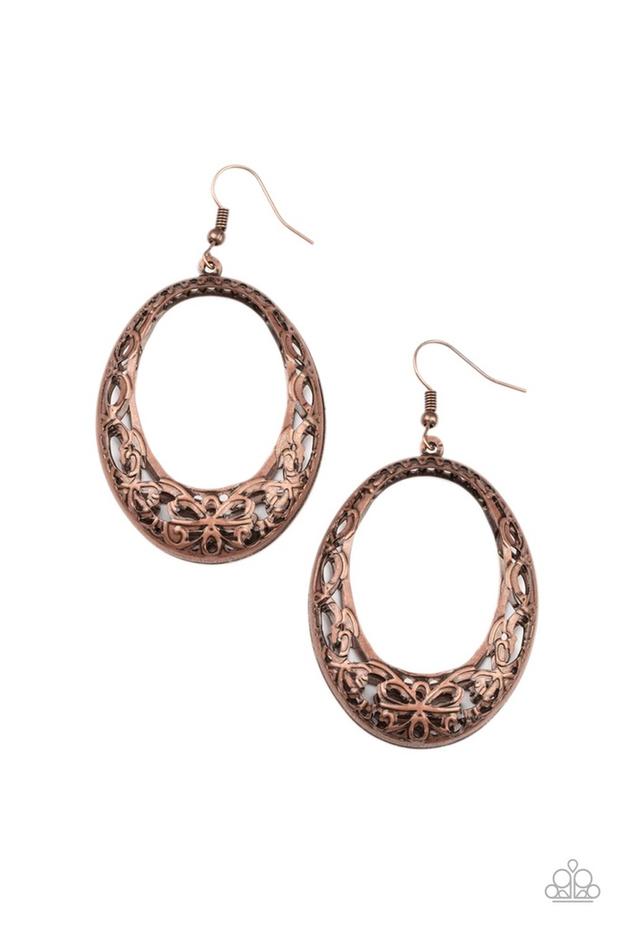 Copper Earrings Oval Dangle with Flower Design - Gardenista Grandeur