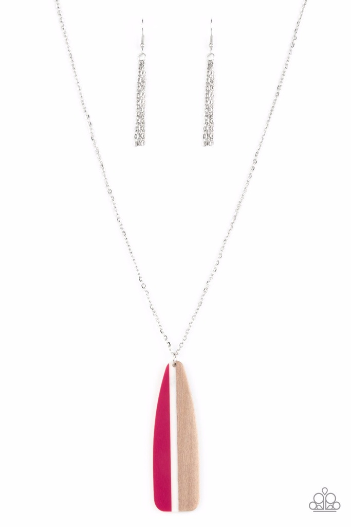 Wood Necklace Paddle with Pink and White Design in Dainty Silver Chain - Grab a Paddle