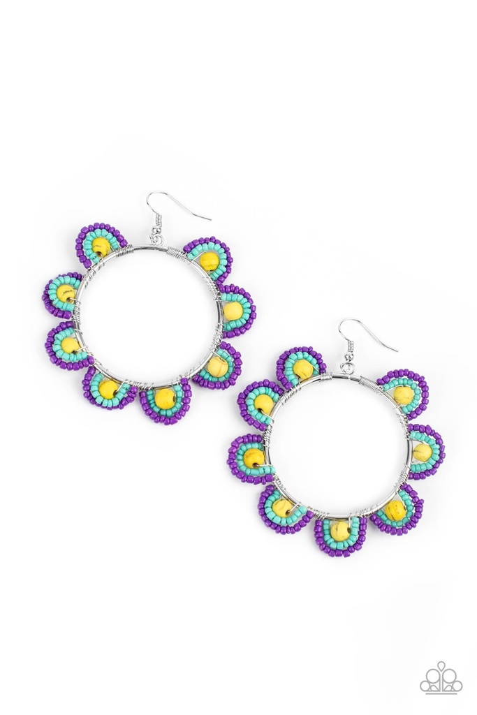 Seed Bead Earrings in Blue Yellow and Purple - Groovy Gardens