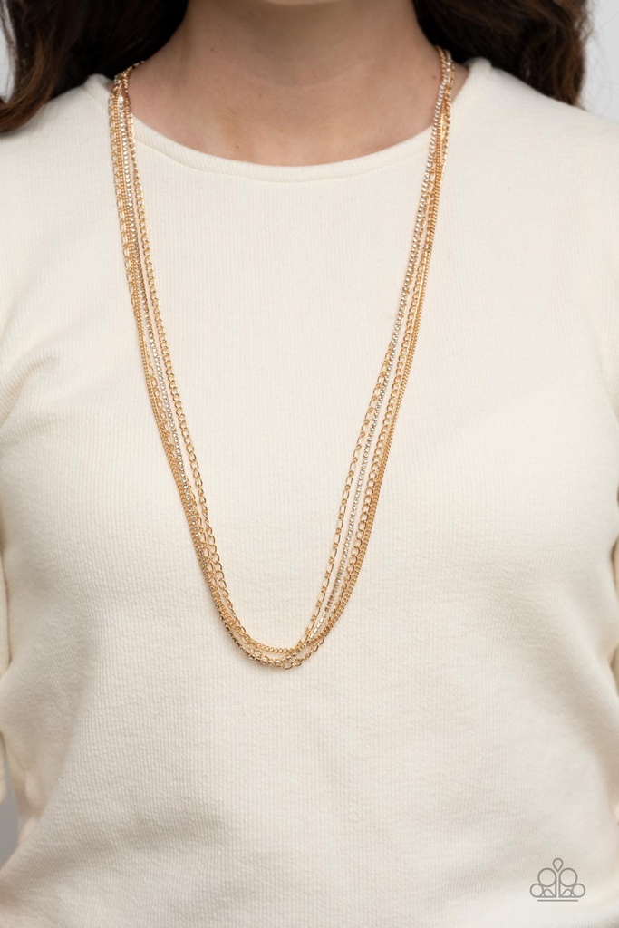 Undauntingly Urban - Gold Chains and Delicate Crystals Layered Necklace