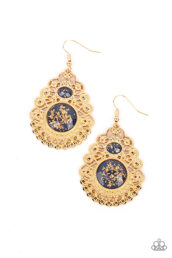 Dangle Earrings - Gold and Dark Blue Bead with Golden Foil - Welcoming Whimsy