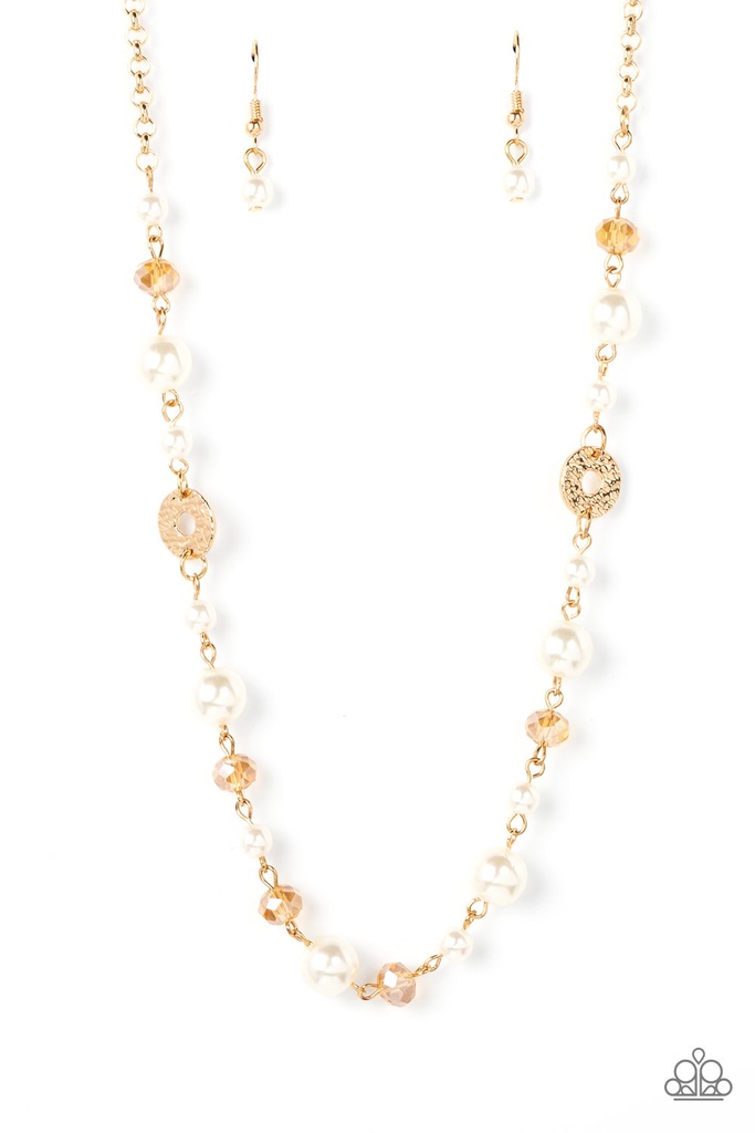 Pearl Necklace - Golden Crystal Beads in Gold Chain - Traditional Transcendence