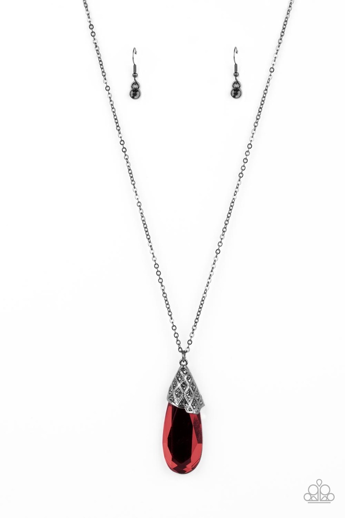 Red Necklace Long Teardrop Gem on Gunmetal Chain - Dibs on the Dazzle