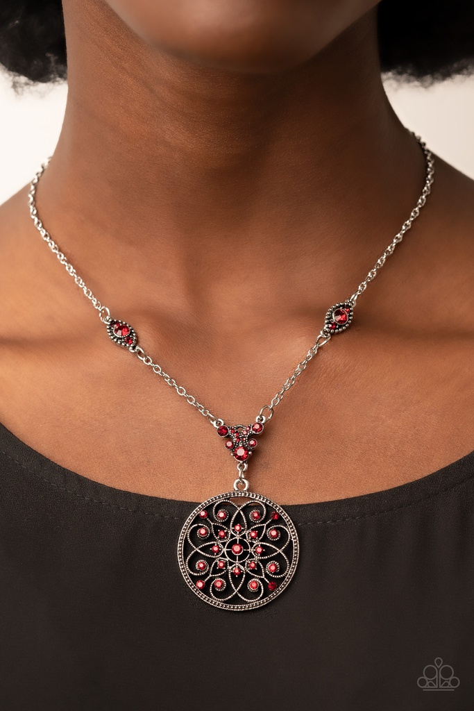 Medallion Necklace with Red Crystals and Silver Chain - Timeless Traveler