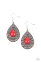 Teardrop Dangle Earrings with Red Bead and Silver Boarder - Fanciful Droplets