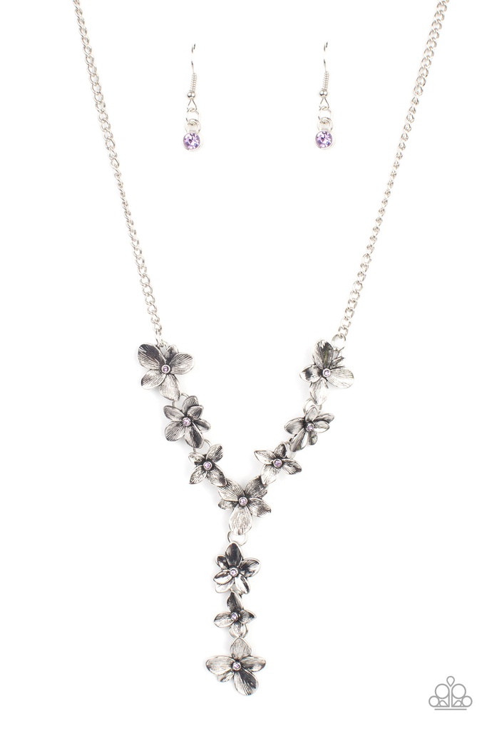 Y Necklace with Purple Crystal and Silver Flowers - Fairytale Meadow