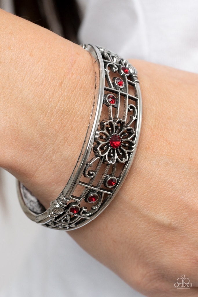 Hinged Bracelet with Crystals in Red and Silver Floral Design - Prairie Musical
