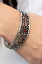 Hinged Bracelet with Crystals in Red and Silver Floral Design - Prairie Musical